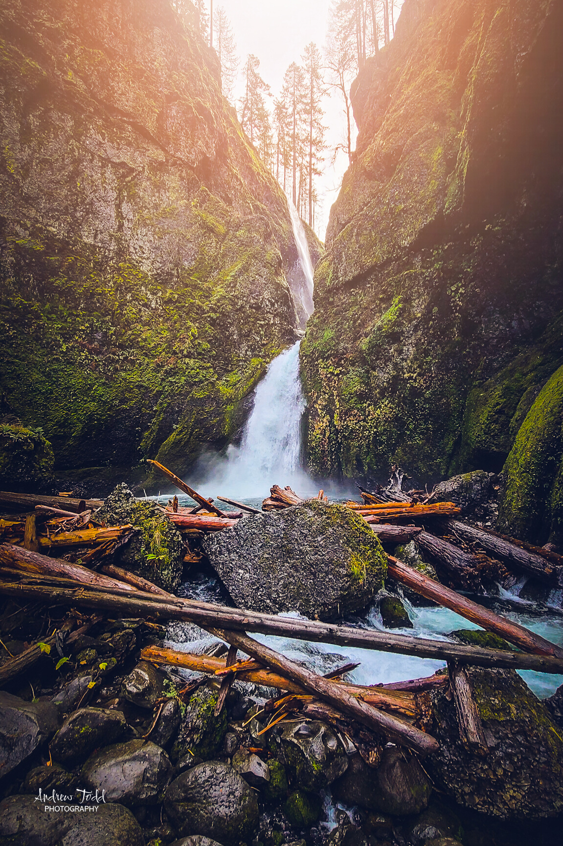 Columbia River Gorge Wahclella Falls sunlight